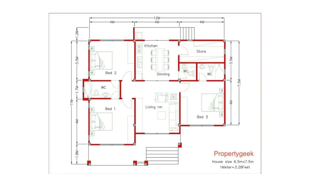 Flat Roof 3 Bedroom Small House Design