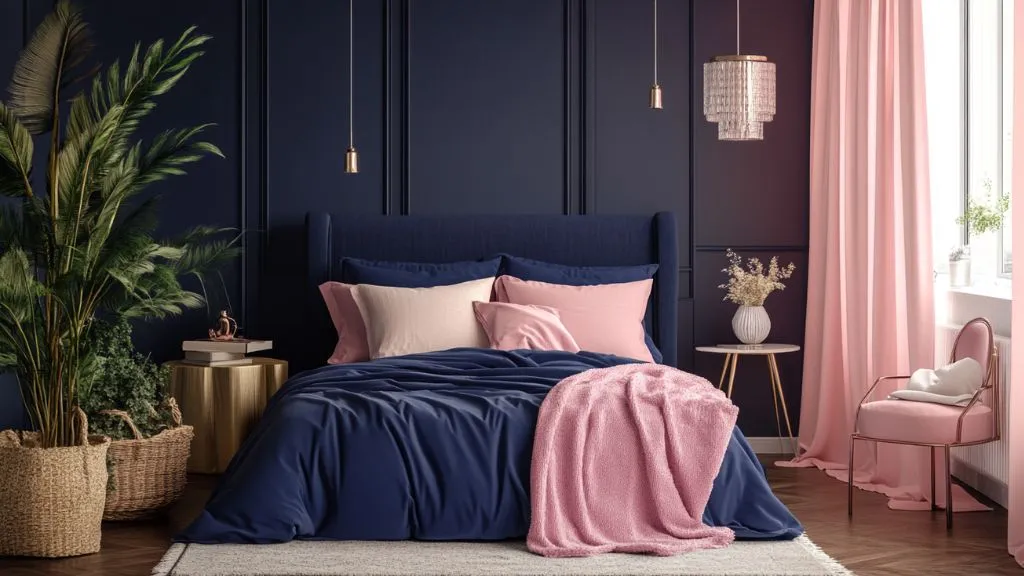 Rosy Pink and Navy Blue Colour Combination For Bedroom