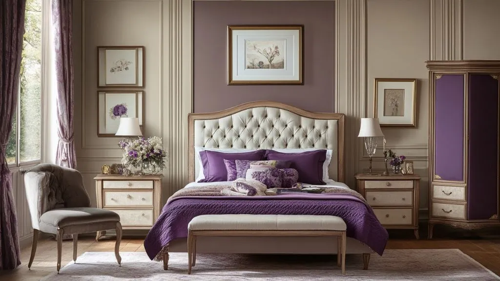 Purple and Beige Two Colour Combination for Bedroom Walls