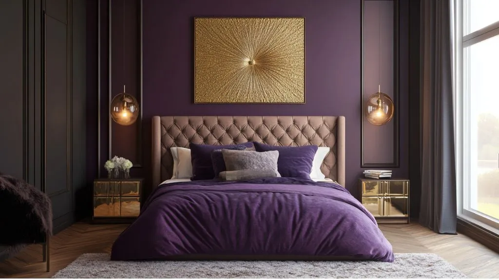 Purple and Gold Two Colour Combination for Bedroom Walls