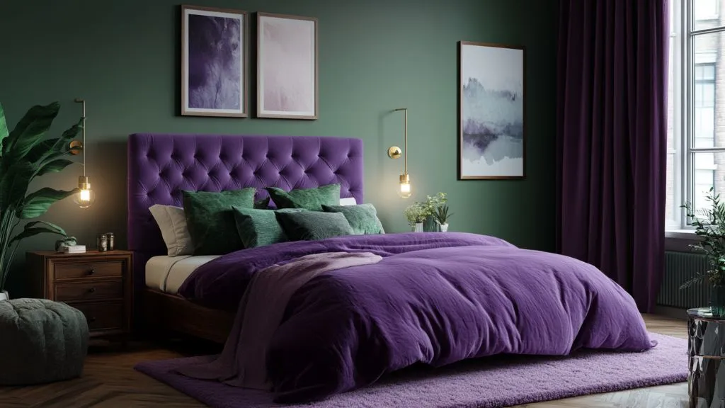 Purple and Green Two Colour Combination for Bedroom Walls