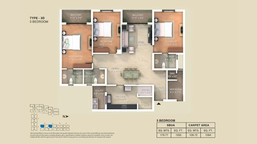 Adarsh Palm Retreat Lakefront in Kaikondrahalli, Bellandur 3BHK Floor Plan