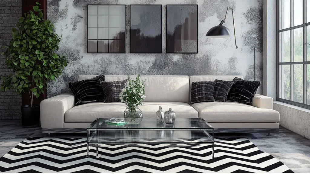 Black-and-white chevron-patterned rug for Living room