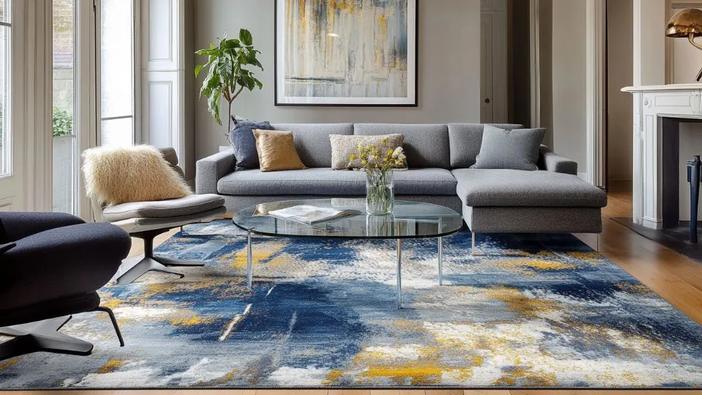 Blue-and-Gold Abstract Rug for Living Room