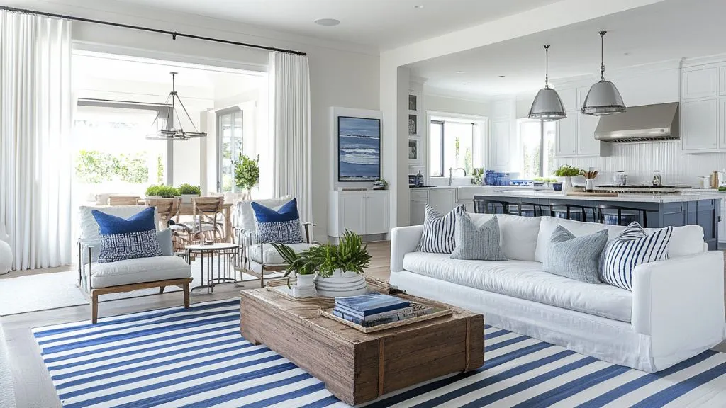 Blue-and-white striped rug for Living room