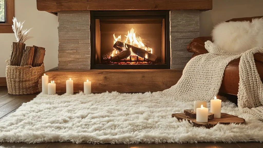 Fluffy white shag rug on a Living room