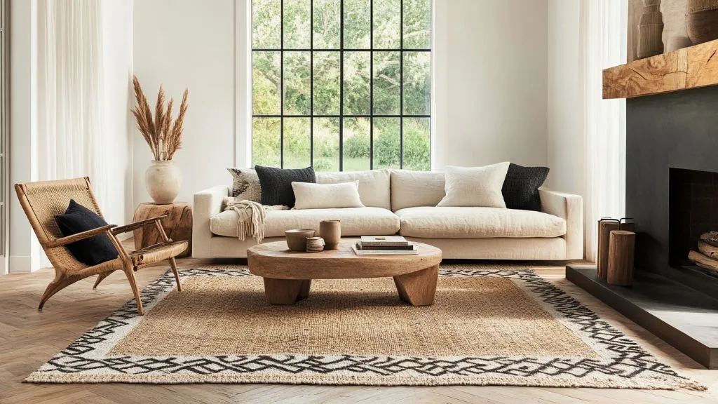 Large jute rug under a small geometric wool rug for Living Room