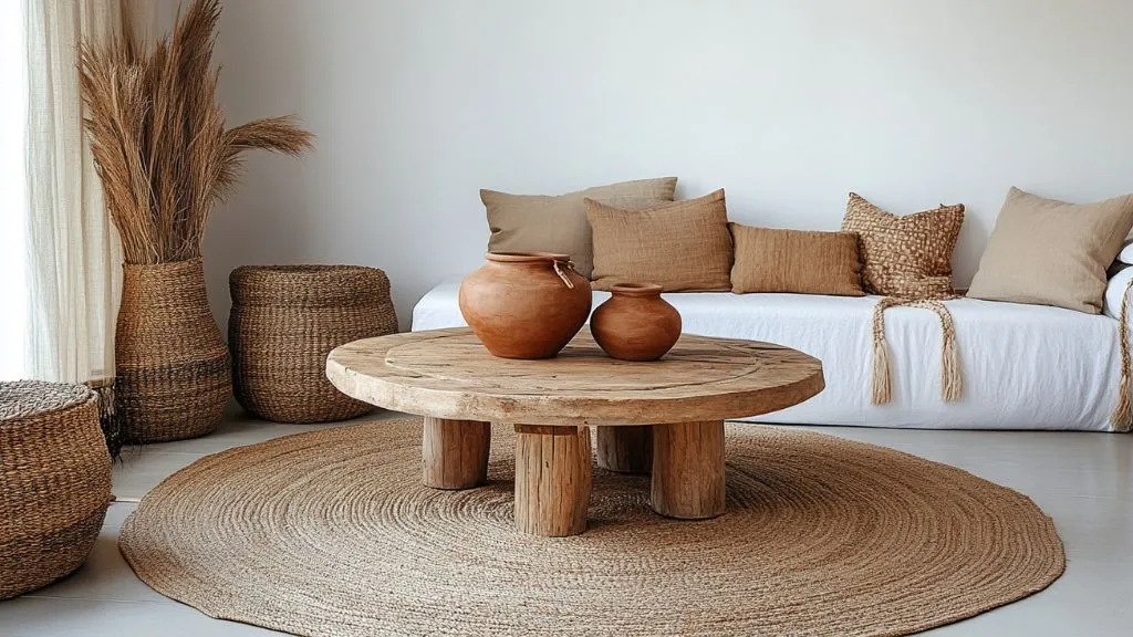 Round jute rug beneath a wooden coffee in Living Room